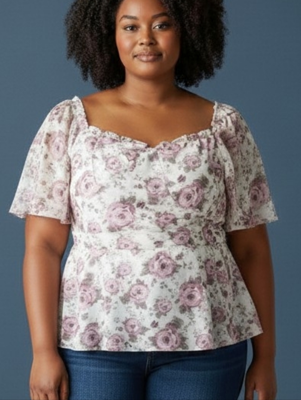 Floral Square-Neck Peplum Top in Mauve Rose